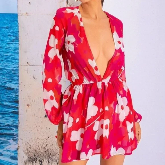 Floral Plunging Neck Lantern Sleeve Dress - Picture 5 of 5